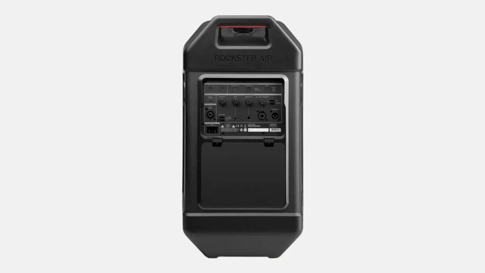 Teufel Rockster Air 2 Akku-Lautsprecher von hinten mit Anschlussfeld und Akkufach vor hellem Hintergrund.