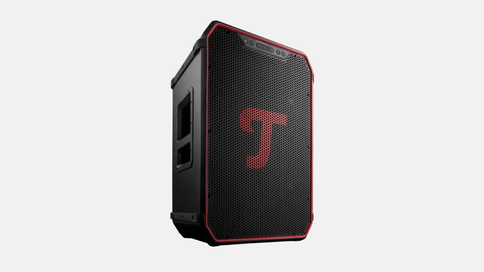 Teufel Rockster Neo Akku-Lautsprecher in Schwarz mit rotem Logo und Tragegriff in Schrägansicht vor hellem Hintergrund.