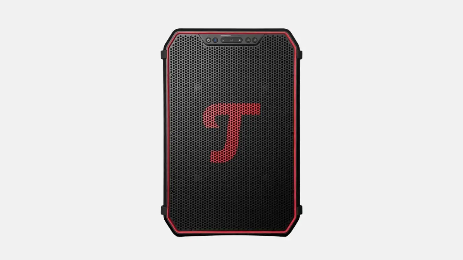 Teufel Rockster Neo Akku-Lautsprecher in Schwarz mit rotem Logo und Bedienfeld in Frontansicht vor hellem Hintergrund.