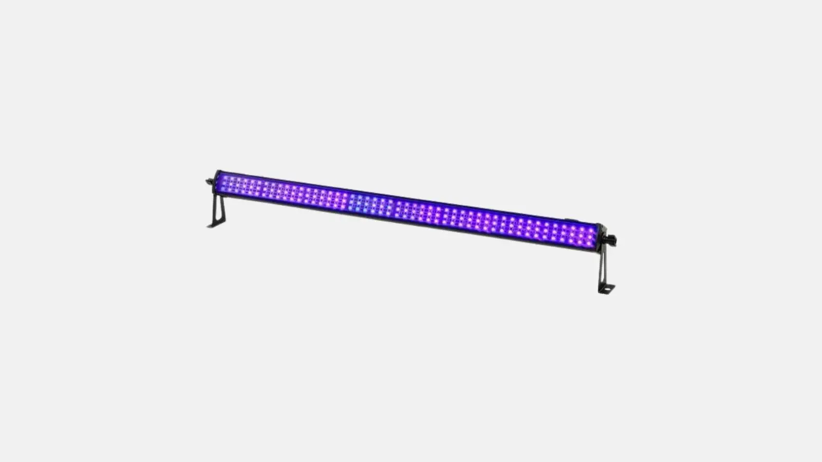 Varytec Giga Bar Pix 8 UV Schwarzlicht-Bar in Schwarz mit violett leuchtenden UV-LEDs vor weißem Hintergrund.