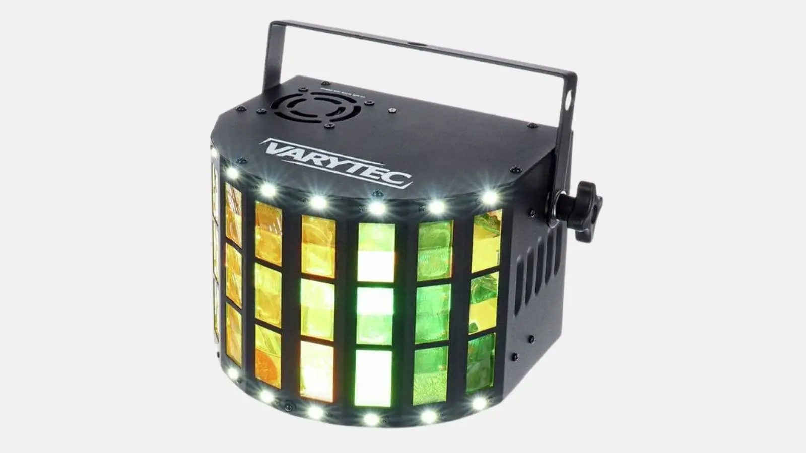 Varytec LED Derby ST Effektlicht in Schwarz mit grün-gelben Lichtstrahlen vor grauem Hintergrund.