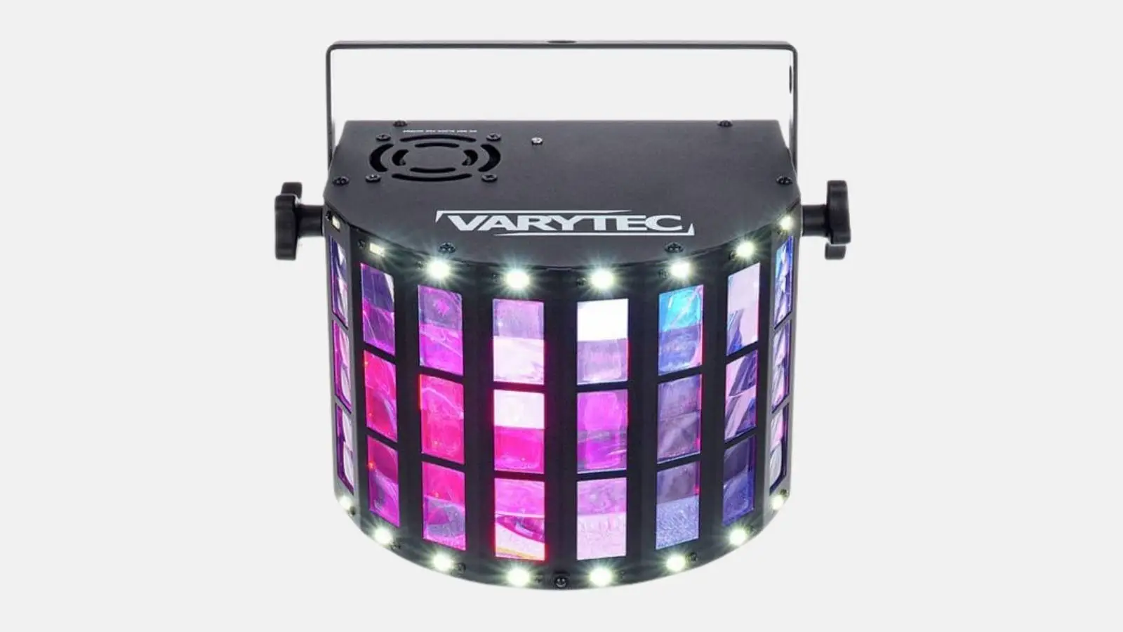 Varytec LED Derby ST Effektlicht in Schwarz mit pink-blauen Lichtstrahlen vor weißem Hintergrund.