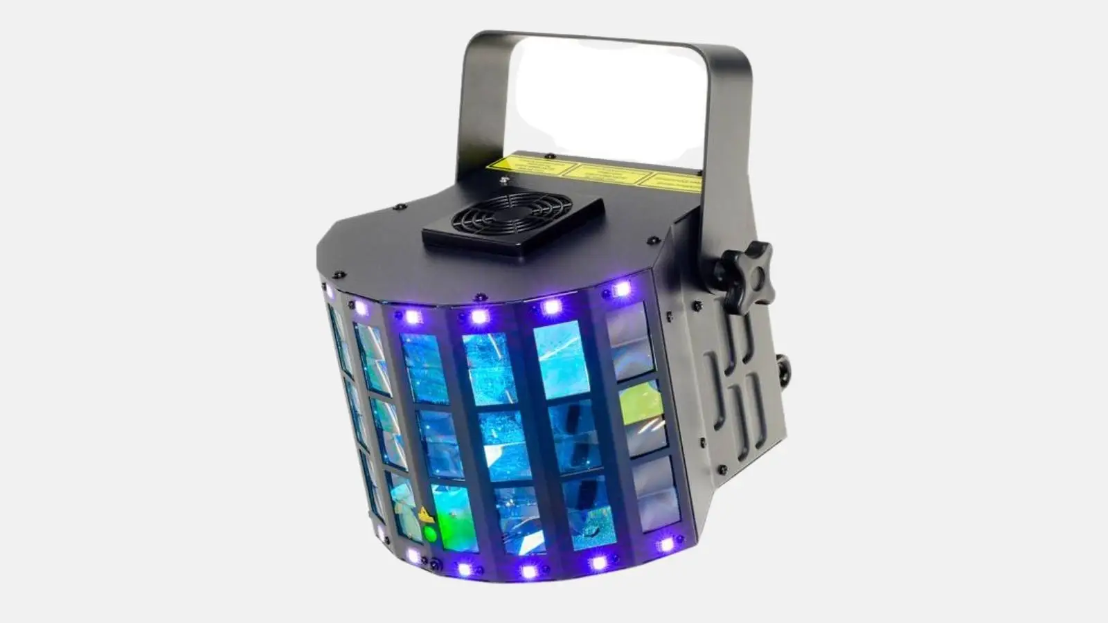 Varytec Razor Derby LED-Effektlicht in Schwarz mit blau-grünen Strahlen und weißer Lichtleiste.