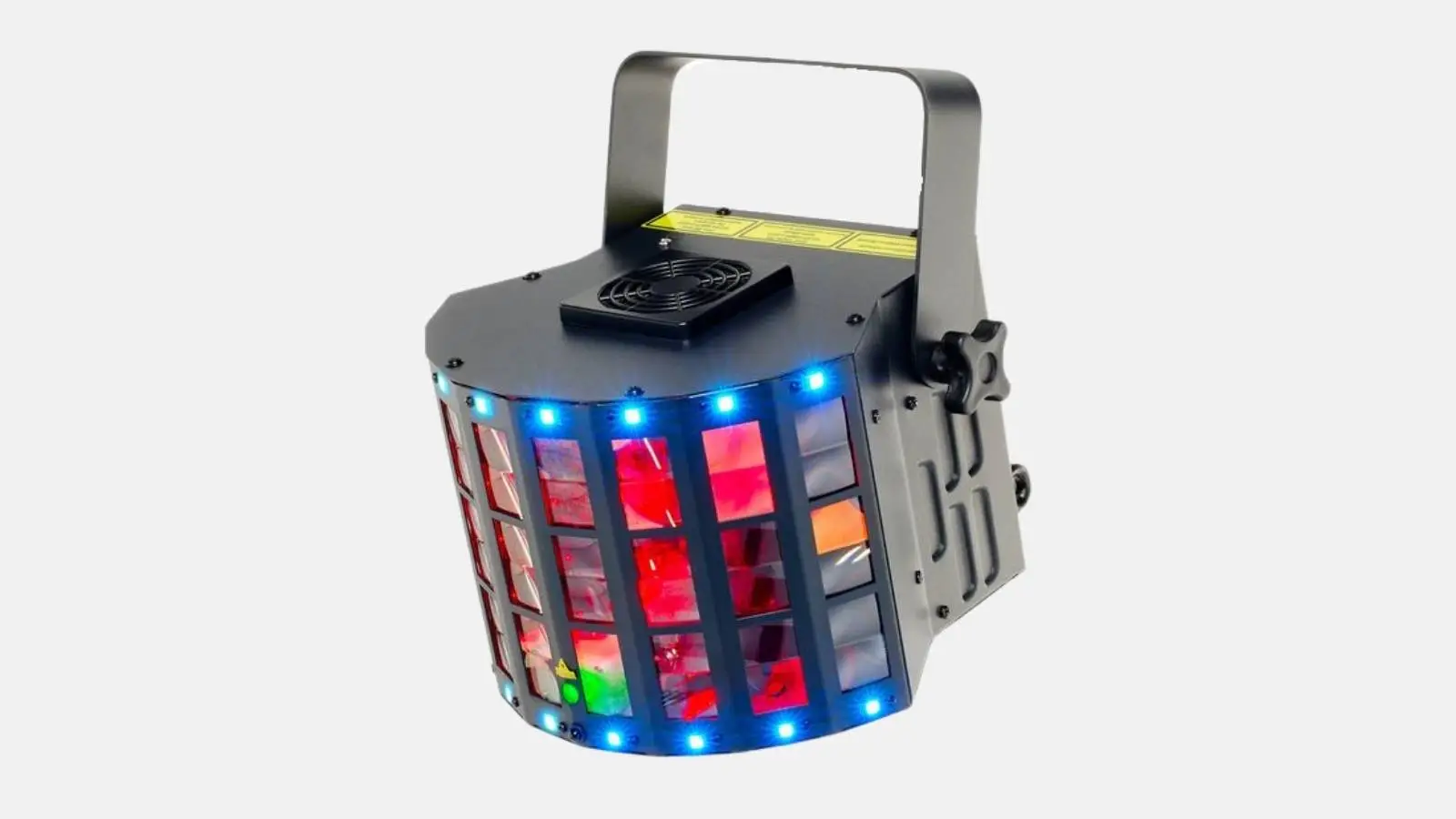 Varytec Razor Derby LED-Effektlicht in Schwarz mit roten, blauen und grünen Lichtstrahlen vor weißem Hintergrund.