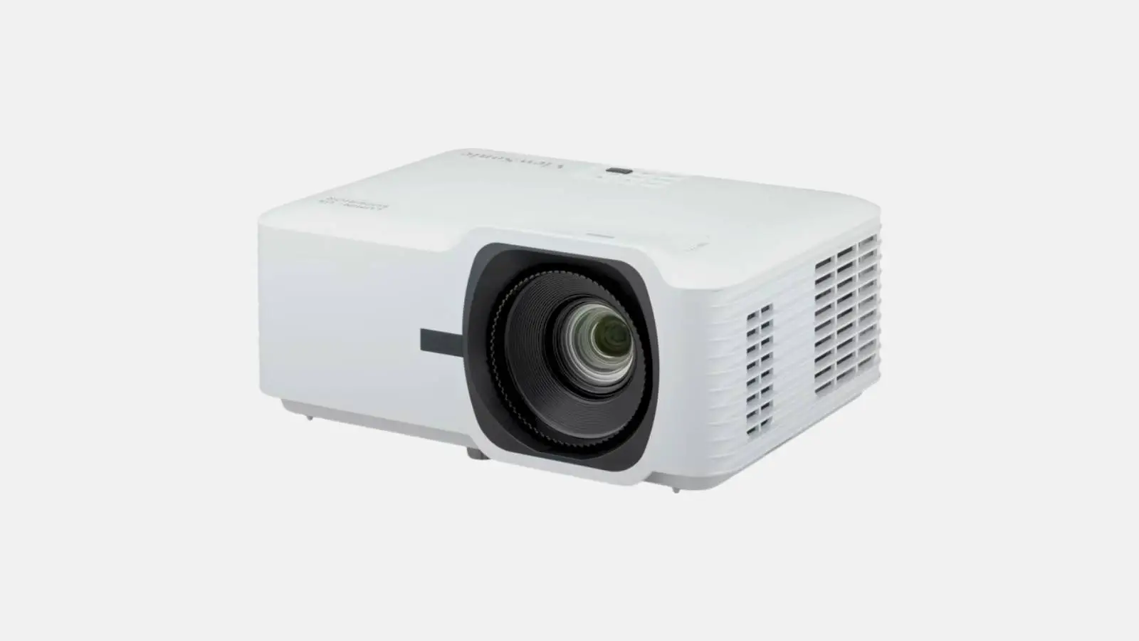 ViewSonic LS740HD Full-HD-Laser-Beamer in Weiß mit schwarzem Objektiv vor grauem Hintergrund.
