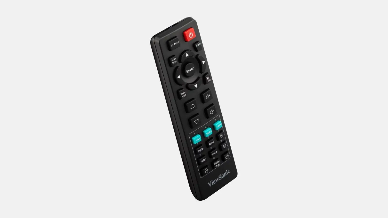 Schwarze ViewSonic Fernbedienung für den LS740HD Laser-Beamer vor grauem Hintergrund.