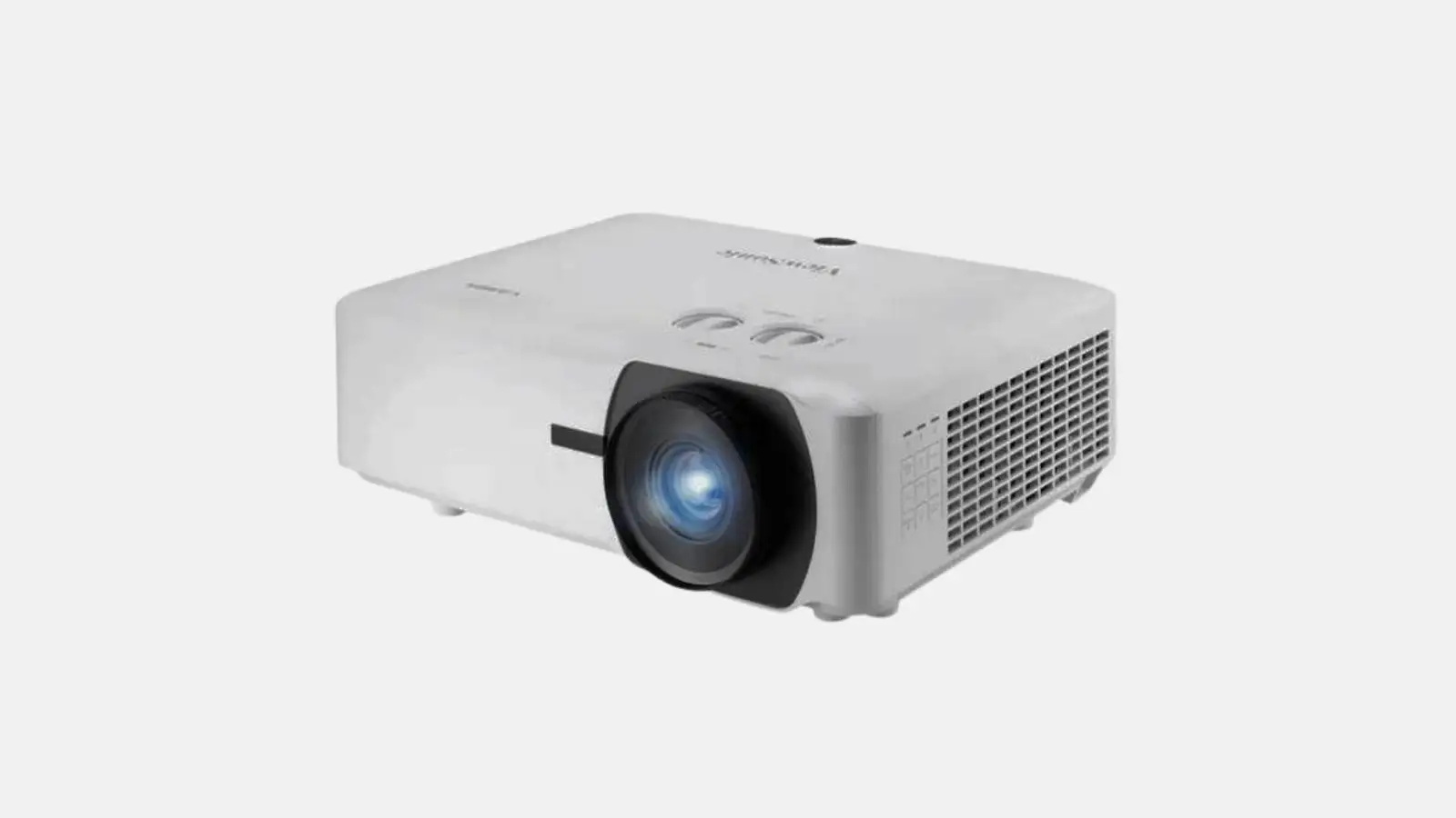 ViewSonic LS920WU WUXGA-Laser-Beamer in Weiß mit schwarzem Objektiv in schräger Ansicht vor grauem Hintergrund.