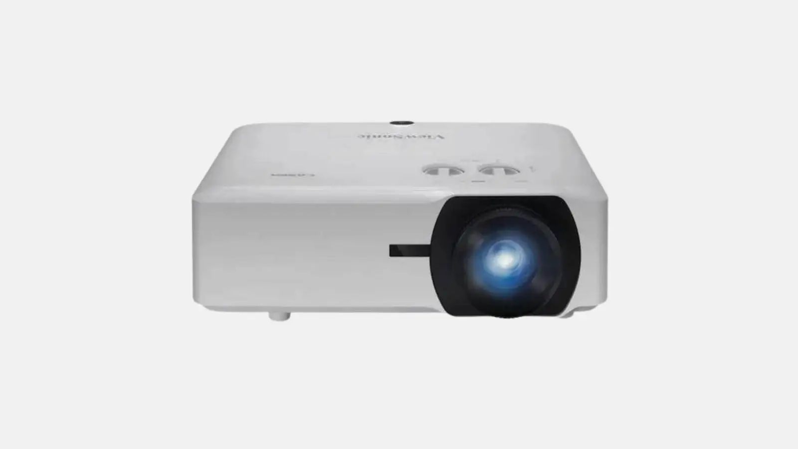ViewSonic LS920WU WUXGA-Laser-Beamer in Weiß mit blau schimmerndem Objektiv in Frontansicht.
