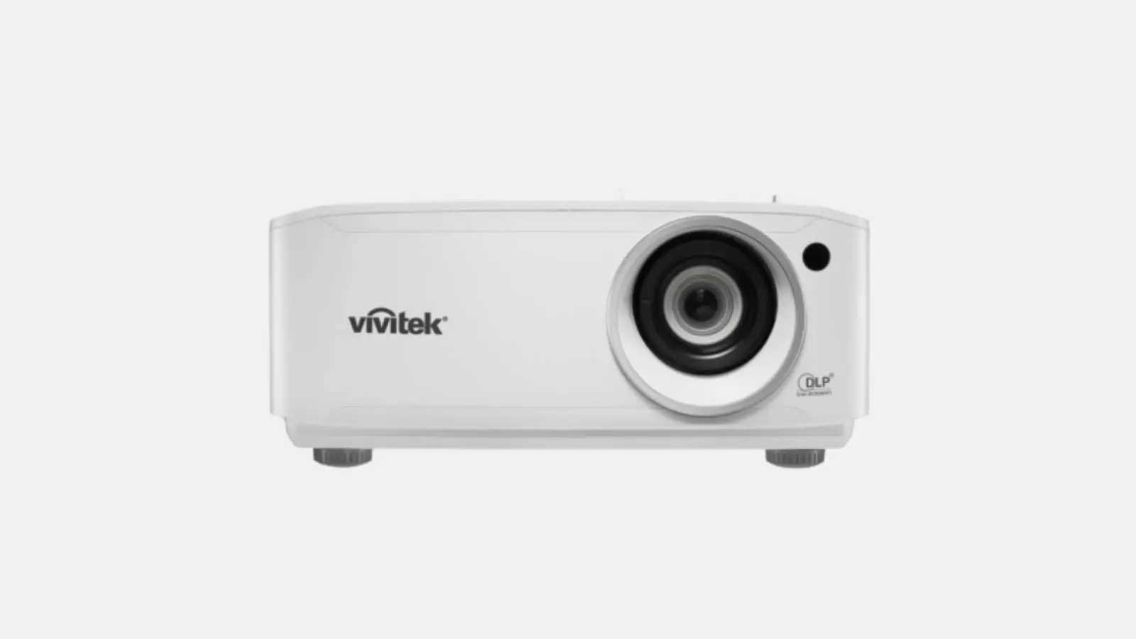 Vivitek DU4871Z-WH WUXGA-DLP-Laser-Beamer in Weiß mit Objektiv in Frontansicht vor grauem Hintergrund.