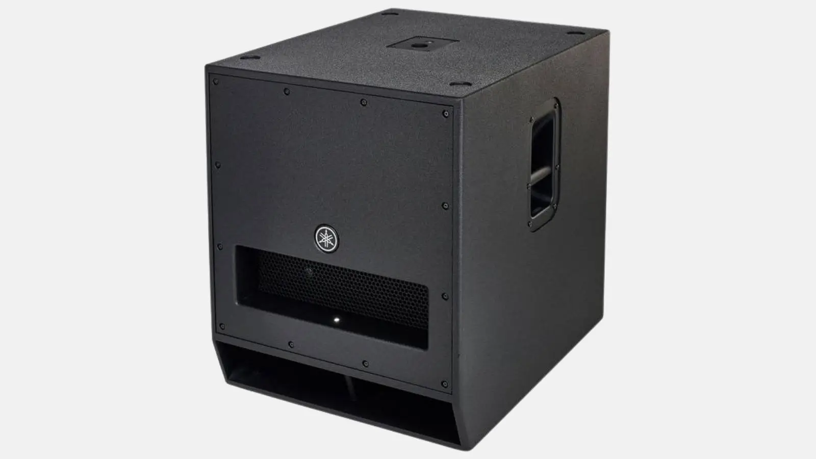 Yamaha DXS18 mkII Subwoofer in Schwarz mit Bassreflexöffnung und seitlichem Tragegriff schräg von vorne.