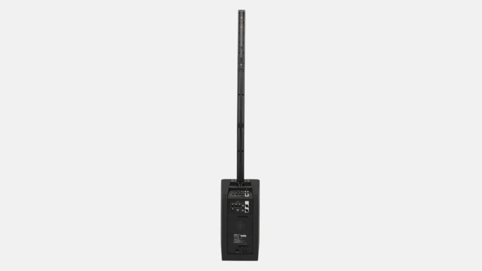 Yamaha STAGEPAS 1K mkII Säulensystem in Schwarz in Rückansicht mit Anschlusspanel und Säulenlautsprecher.