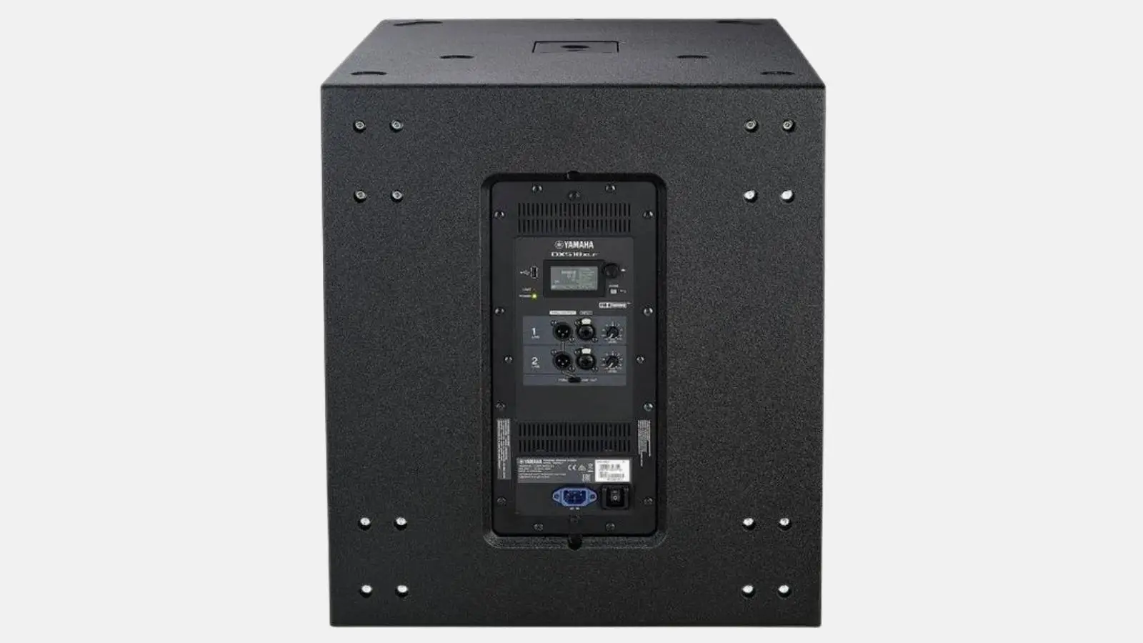 Yamaha DXS18 mkII Subwoofer in Schwarz in Rückansicht mit Verstärkerpanel und XLR-Anschlüssen.