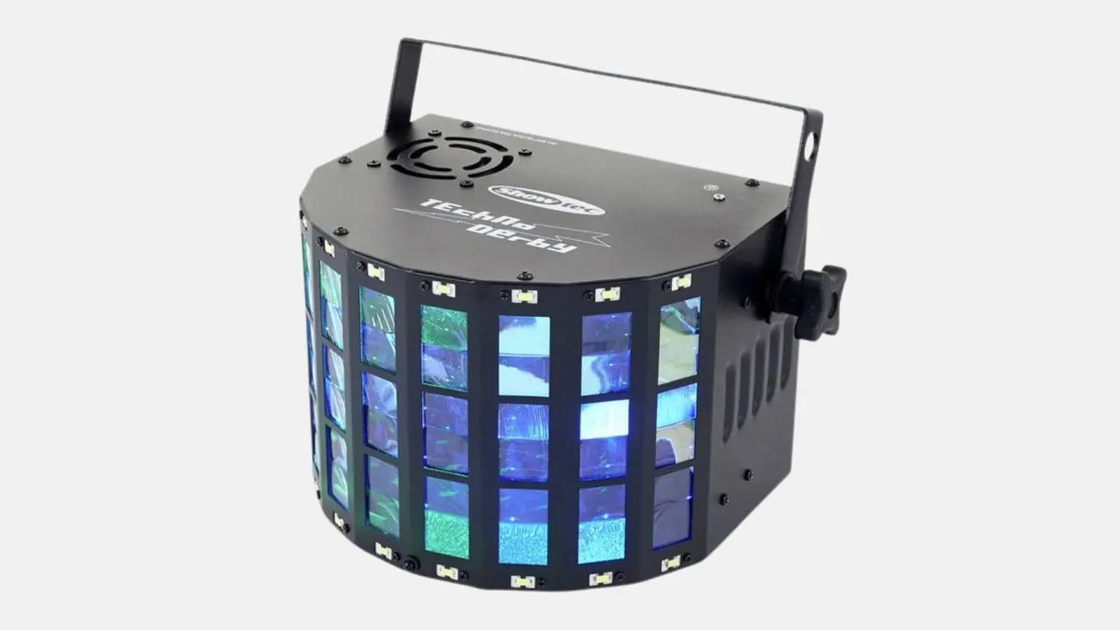 Showtec Techno Derby LED-Derby in Schwarz mit grün und blau leuchtenden Lichtmustern vor hellem Hintergrund.