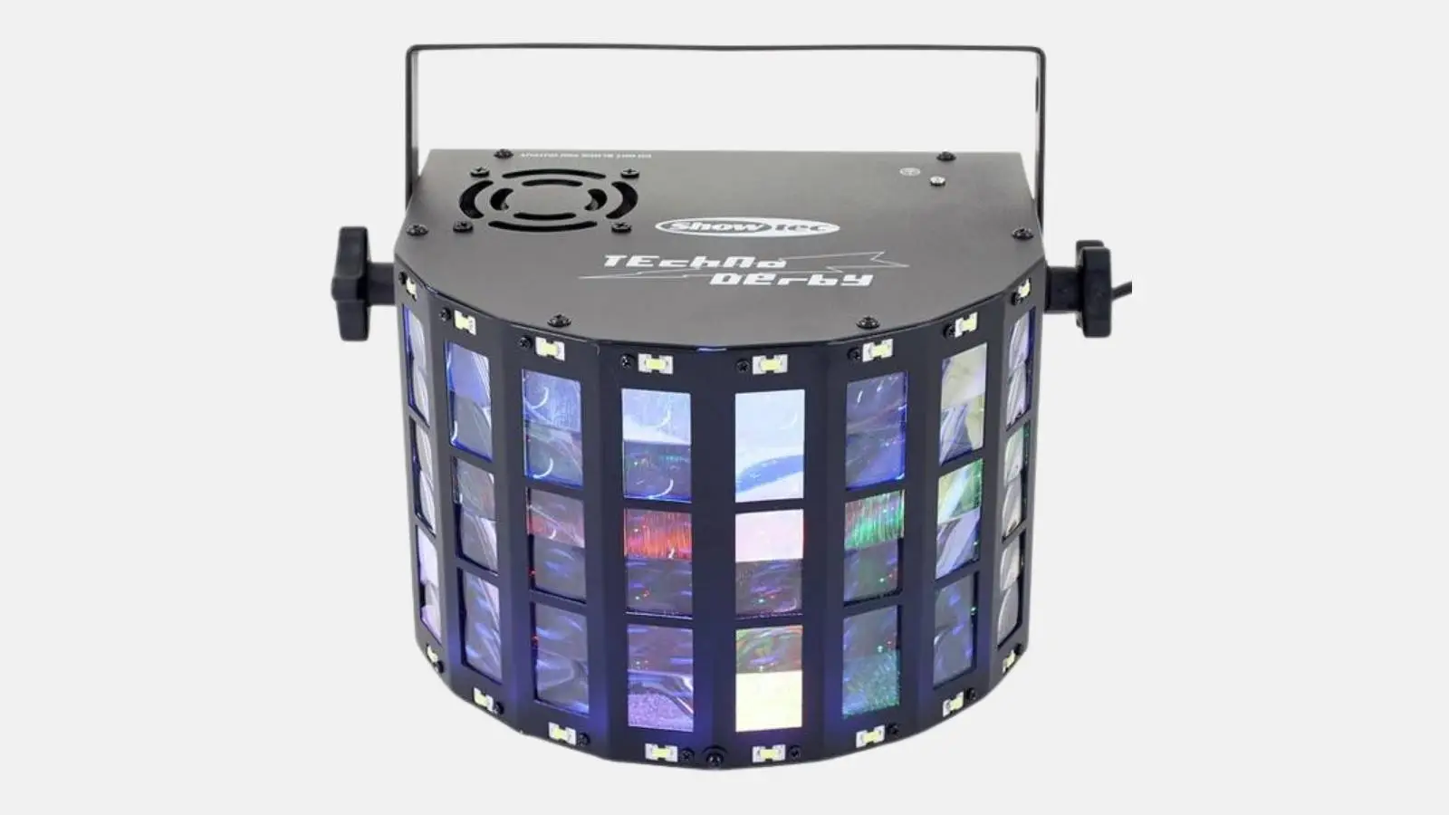 Showtec Techno Derby Effektlicht in Frontansicht mit blau und grün leuchtenden Prismen vor weißem Hintergrund.
