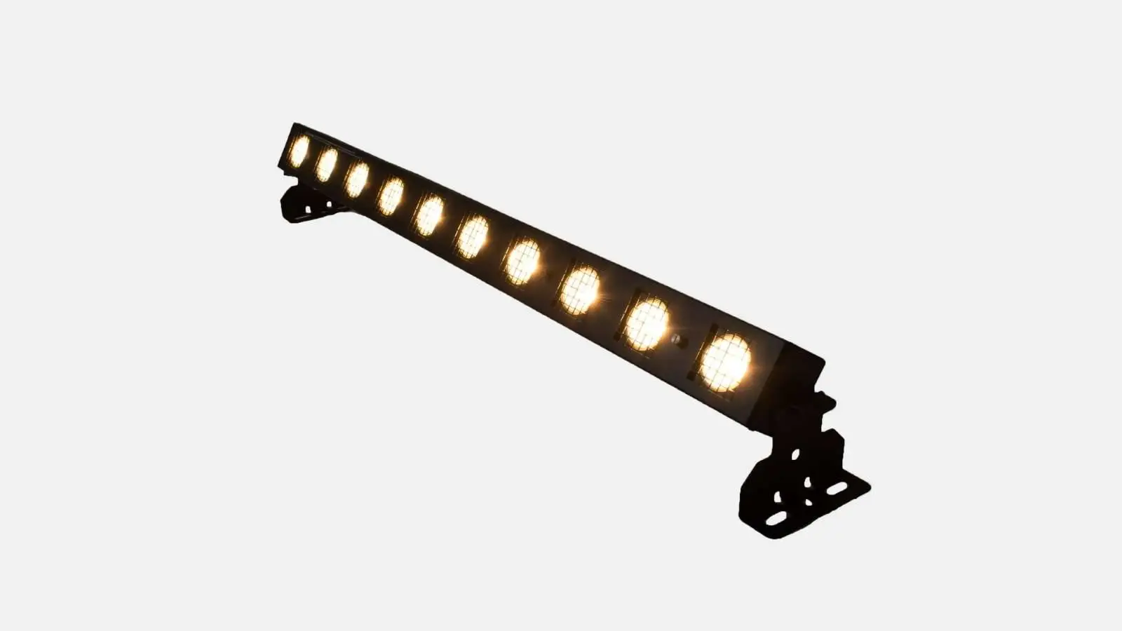 Showtec Sunstrip LED Lichtbar mit zehn warmweiß leuchtenden Lampen vor weißem Hintergrund.