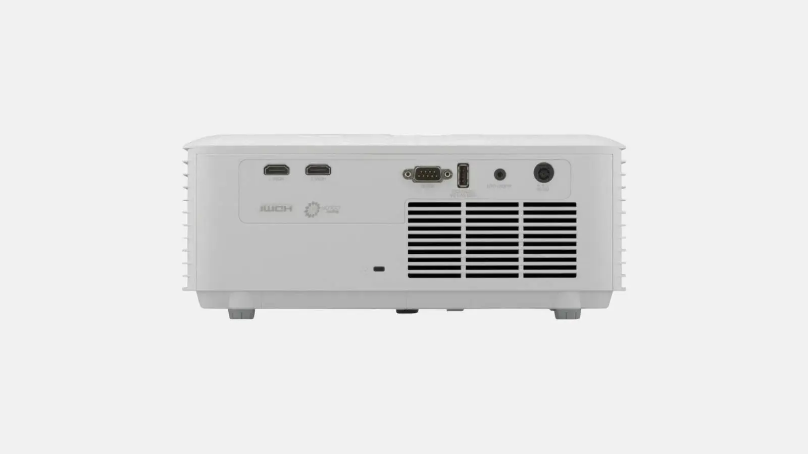 ViewSonic LS740HD Full HD Laser-Beamer in Weiß mit Anschlussfeld und HDMI-Ports in der Rückansicht vor weißem Hintergrund.