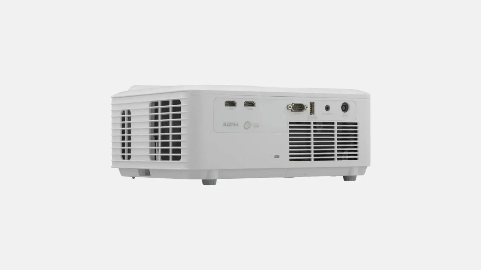 ViewSonic LS740HD Full HD Laser-Beamer in Weiß mit HDMI-Anschlüssen und VGA-Port in der Rückansicht vor weißem Hintergrund.