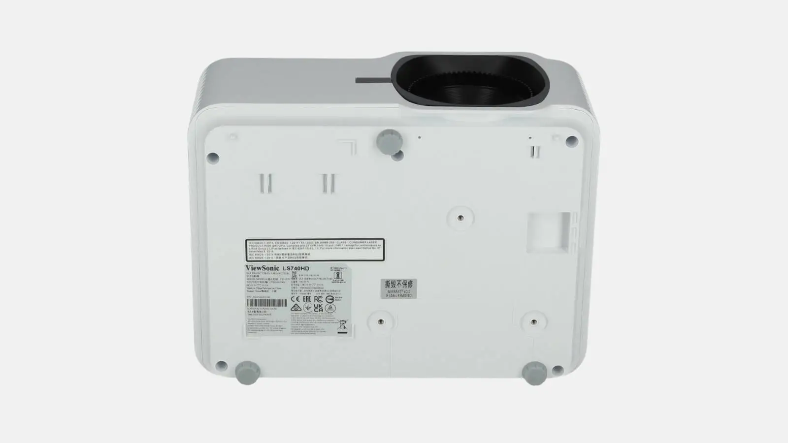 ViewSonic LS740HD Laser-Beamer in Weiß mit Typenschild und Objektiv in der Unteransicht vor weißem Hintergrund.