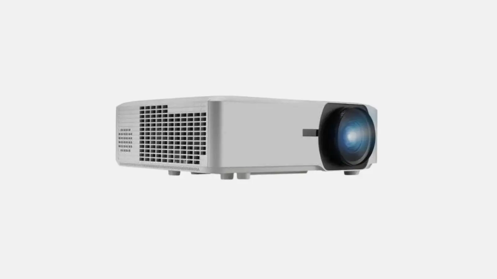 ViewSonic LS920WU WUXGA Laser-Beamer in Weiß mit großem Objektiv in schräger Frontansicht vor weißem Hintergrund.