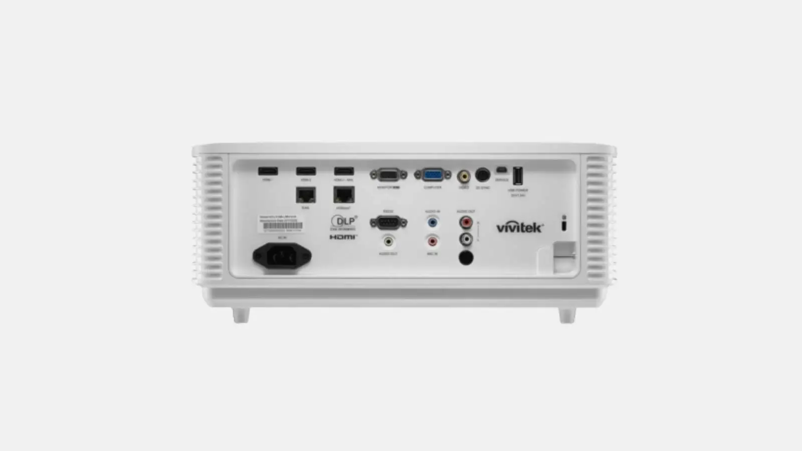 Vivitek DU4871Z-WH WUXGA Laser-Beamer in Weiß mit umfangreichem Anschlussfeld und HDMI-Ports in der Rückansicht vor weißem Hintergrund.
