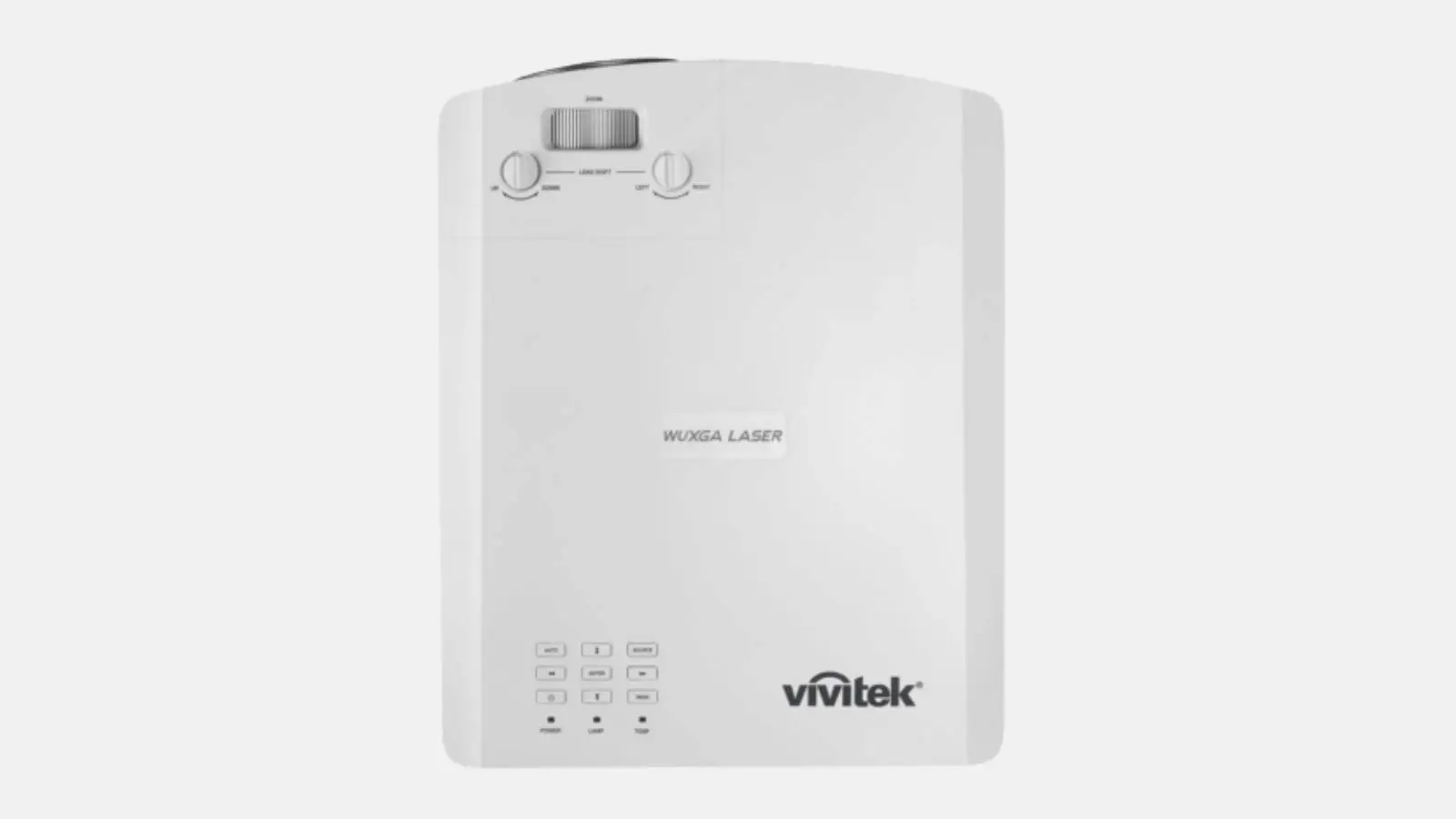 Vivitek DU4871Z-WH Profi WUXGA Laser-Beamer in Weiß mit Zoomreglern und Bedienfeld in der Draufsicht vor weißem Hintergrund.