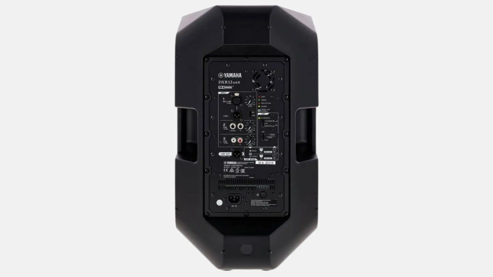Yamaha DXR12 mkII Fullrange Lautsprecher in Schwarz mit Verstärkerpanel und Anschlüssen in Rückansicht.
