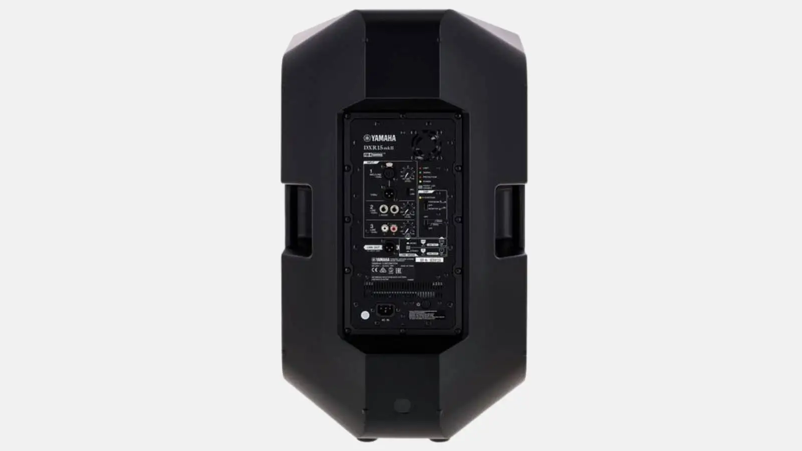 Yamaha DXR15 mkII Fullrange Lautsprecher in Schwarz mit Verstärkerpanel und Anschlüssen in Rückansicht.