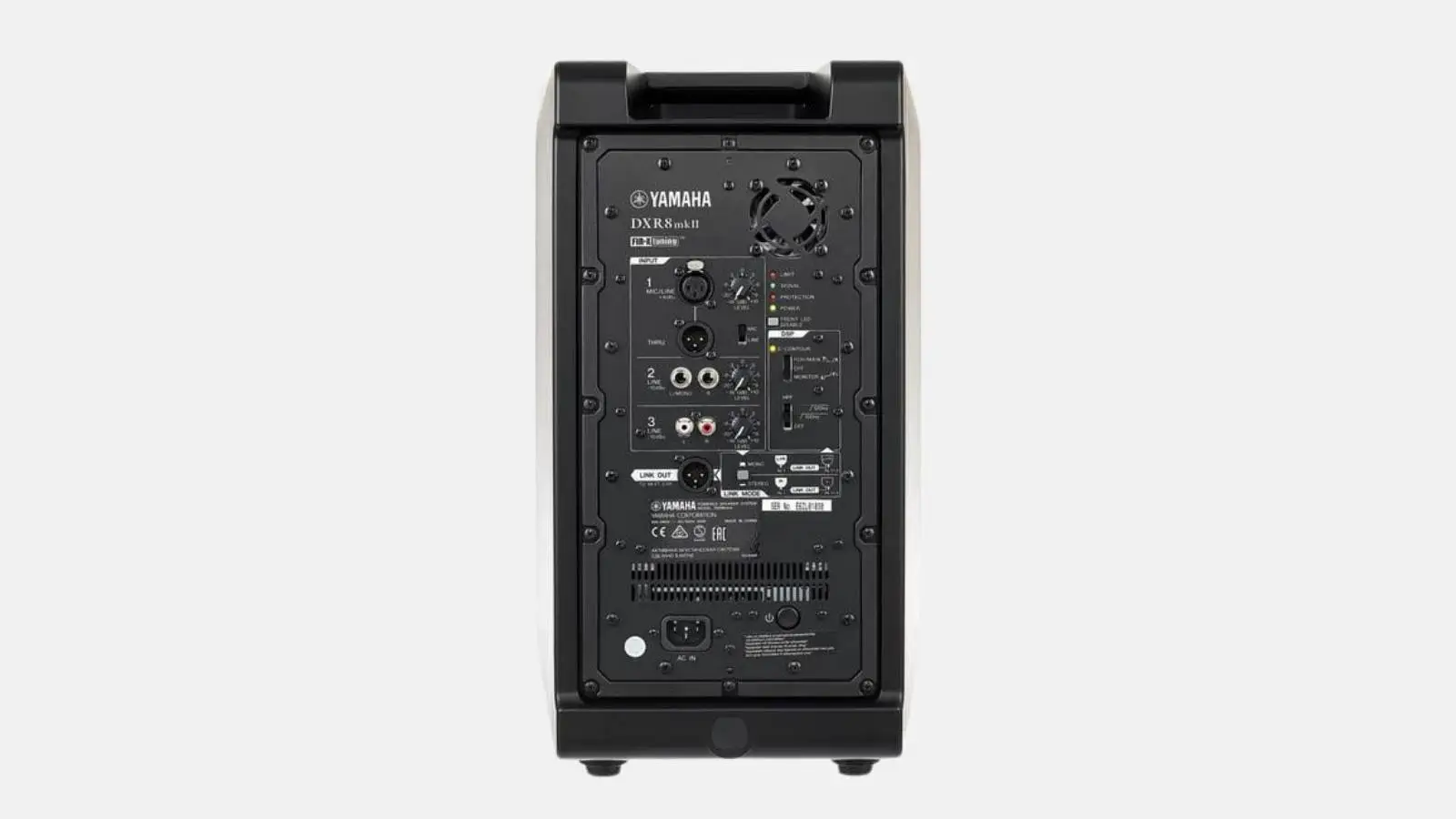Yamaha DXR8 MKII Fullrange Lautsprecher in Schwarz mit Verstärkerpanel und Anschlüssen in Rückansicht.