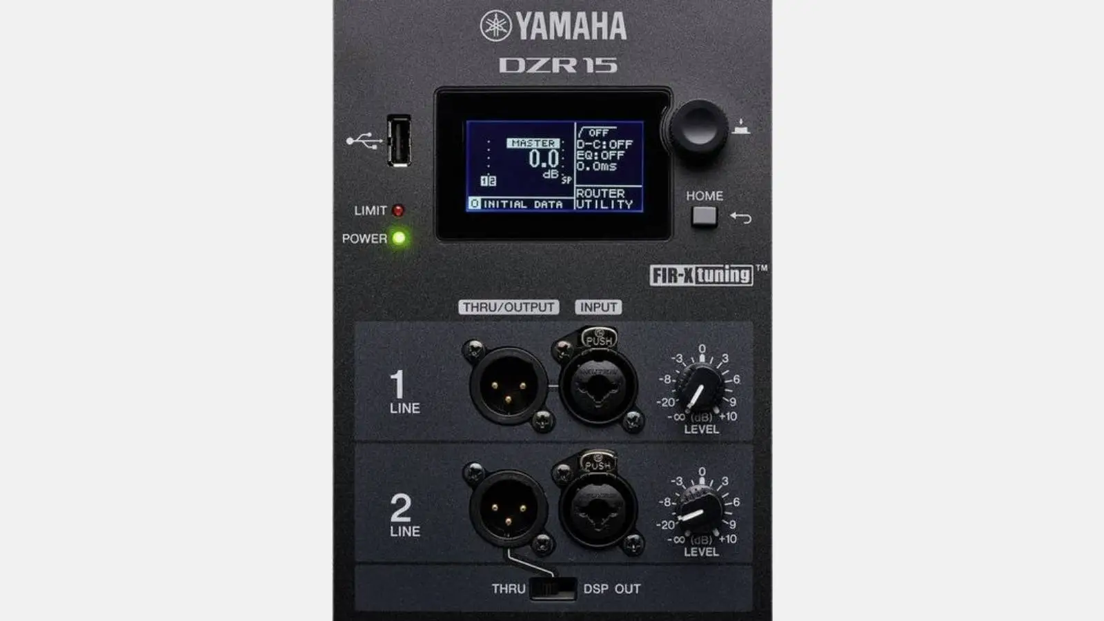 Yamaha DZR Aktiv PA-Anlage mit Bedienpanel und Line-Eingängen des DZR15 Topteils in Detailansicht.