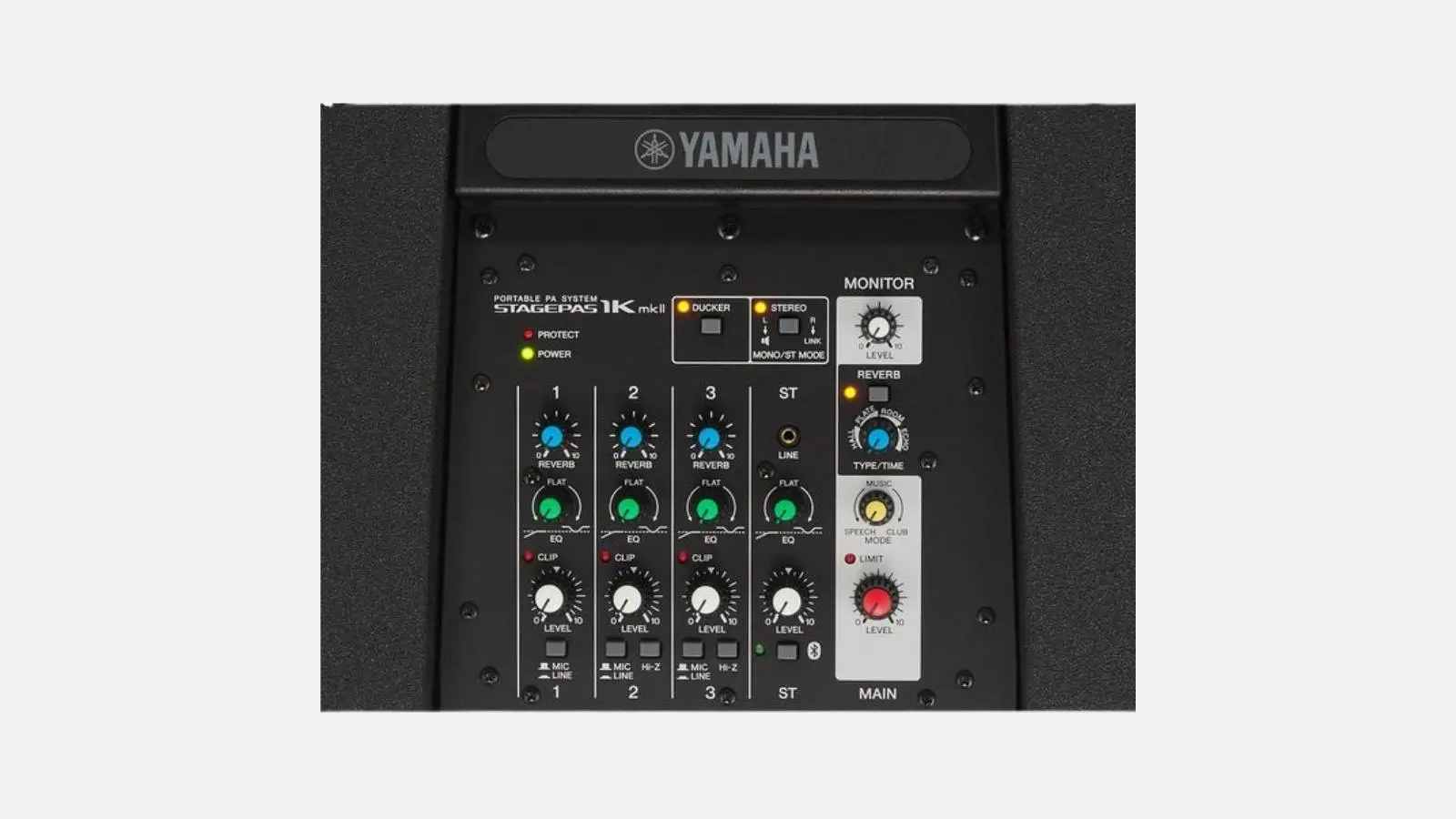 Yamaha STAGEPAS 1K mkII Säulensystem in Schwarz mit 3-Kanal Digitalmixer in Nahansicht.