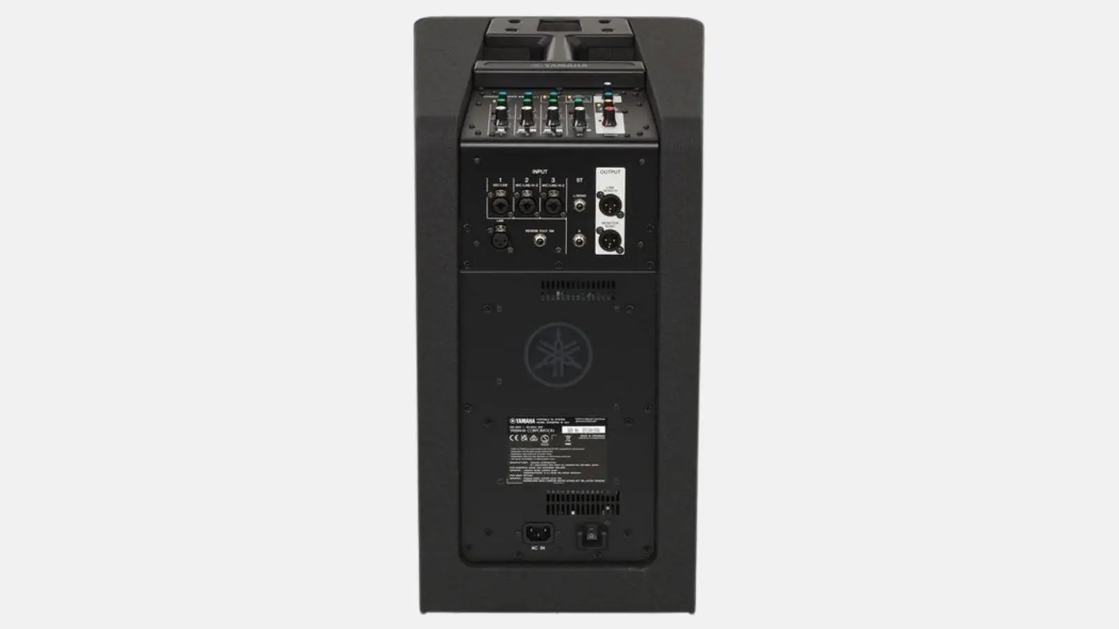 Yamaha STAGEPAS 1K mkII Säulensystem in Schwarz mit Anschlusspanel der Basseinheit in Rückansicht.