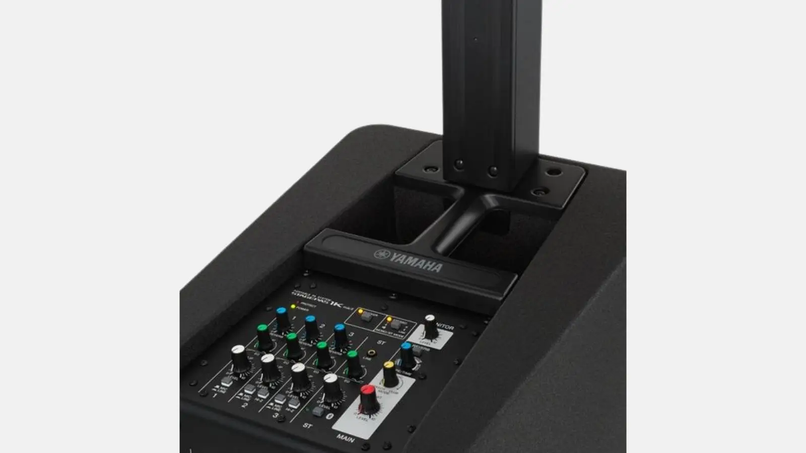 Yamaha STAGEPAS 1K mkII Säulensystem in Schwarz mit integriertem Mixer und Säulenaufsatz in Detailansicht.