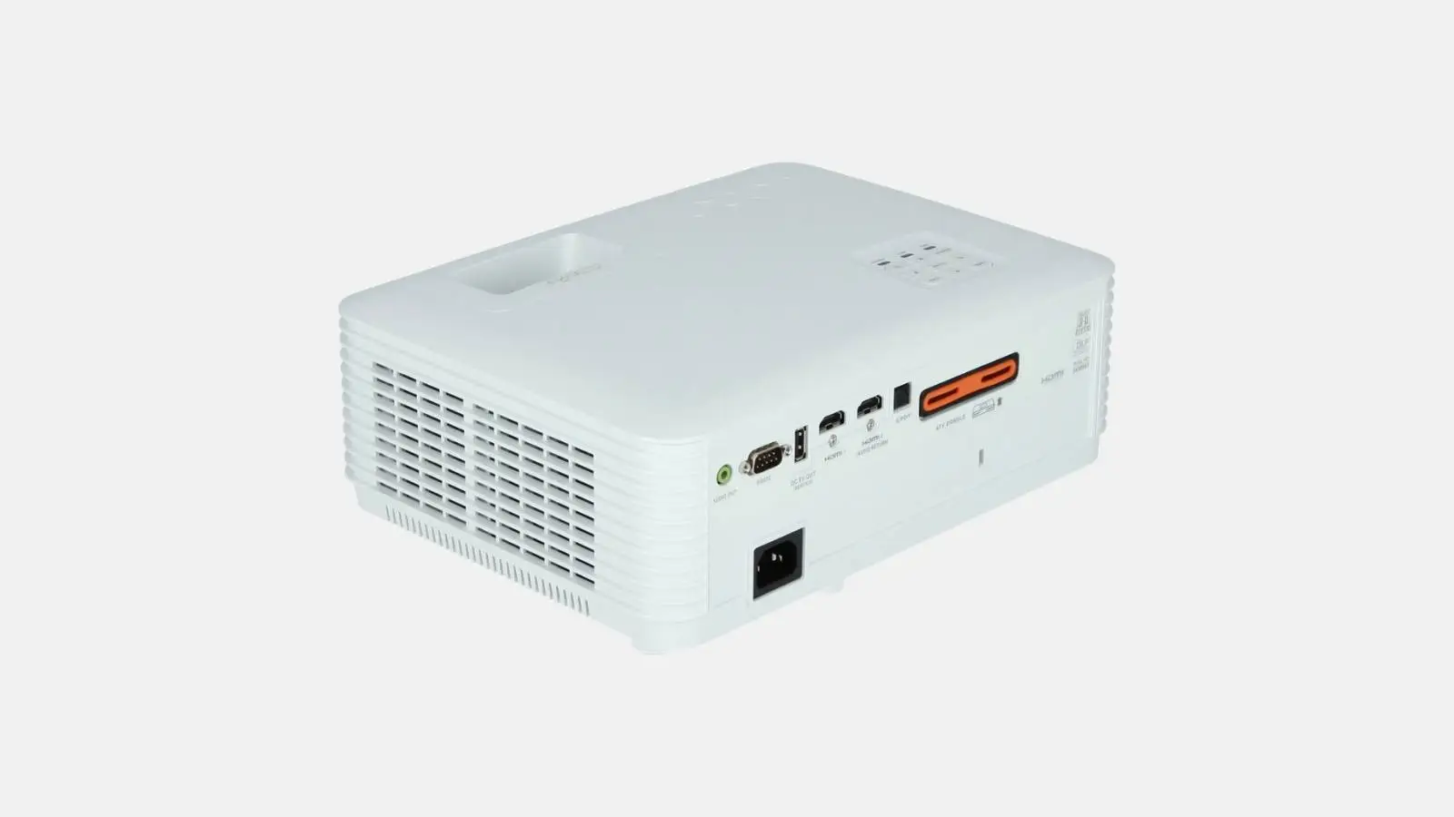 Acer Vero PL3510ATV Laser-Beamer in Weiß schräg von hinten mit Anschlussfeld vor weißem Hintergrund.