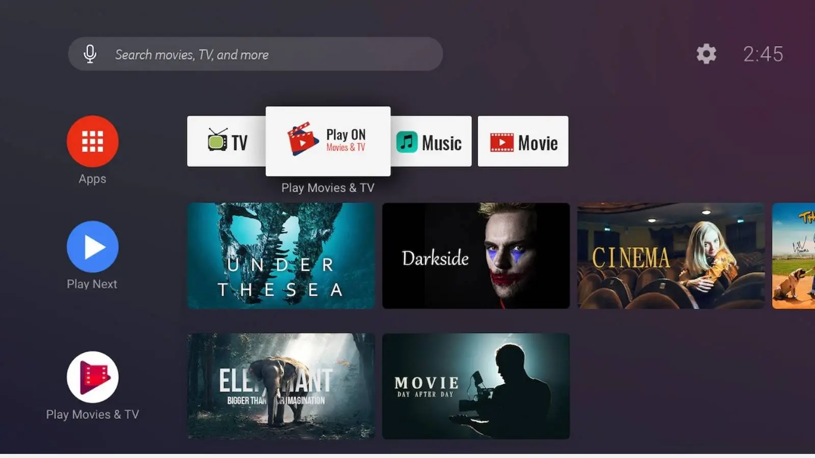 Android TV Startbildschirm des Acer Vero PL3510ATV Laser-Beamers mit Streaming-Apps und Filmauswahl.