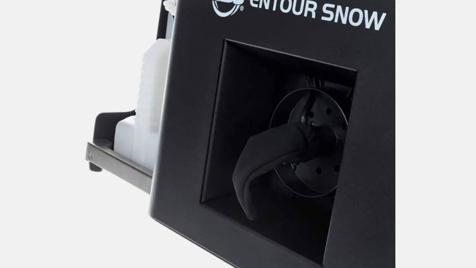 ADJ Entour Snow Schneemaschine in Nahaufnahme mit Fluidtank und Auswurföffnung.