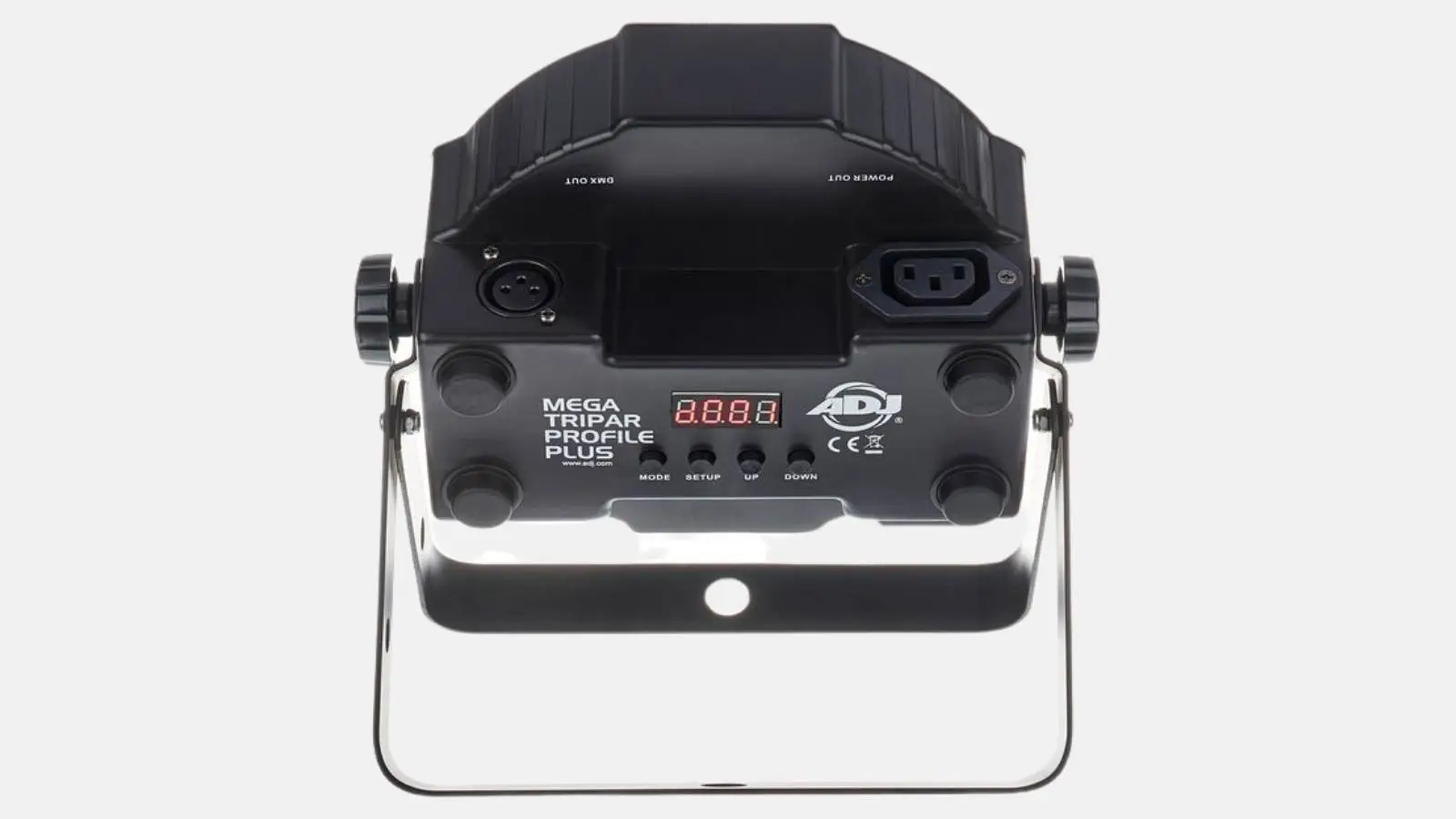 ADJ Mega TriPar Profile Plus LED-PAR Rückseite mit Display und DMX-Anschlüssen vor weißem Hintergrund.