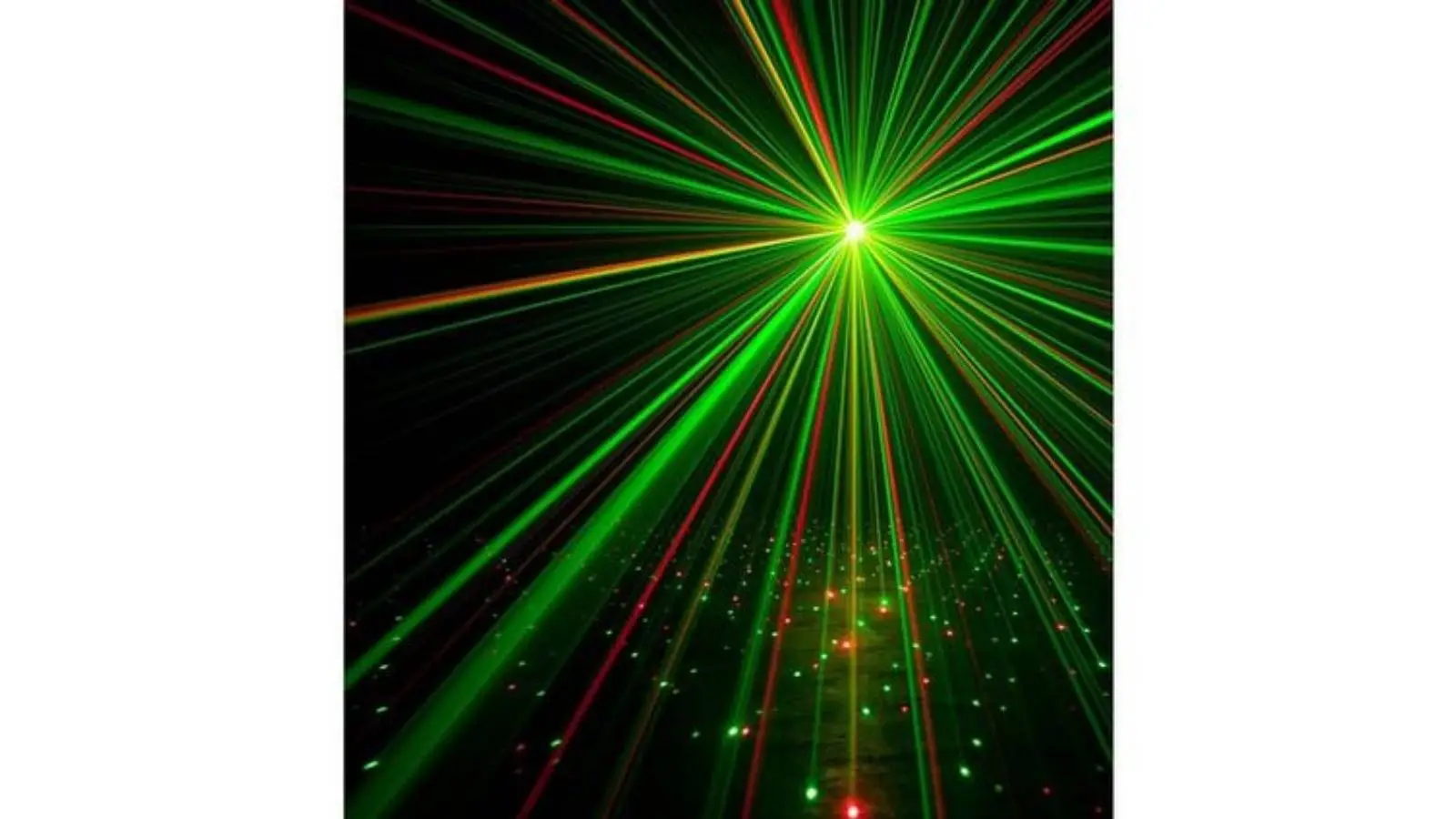 ADJ Stinger II Multi-Effekt-Licht mit rot-grünem Laser und vielen Lichtstrahlen im dunklen Raum.