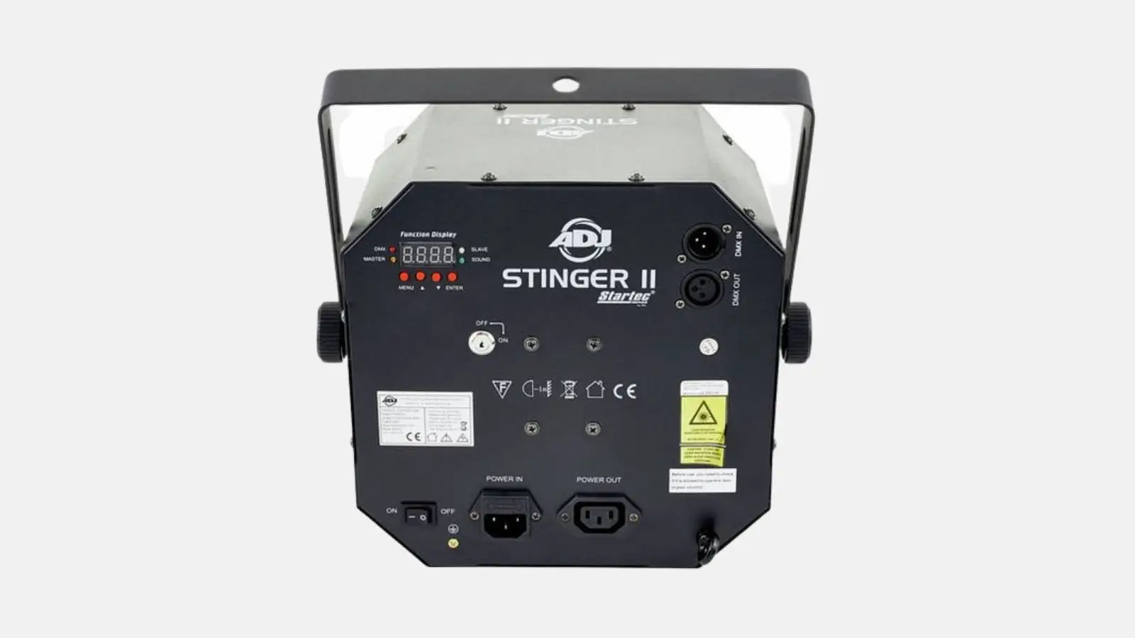 ADJ Stinger II Multi-Effekt-Licht, Rückseite mit Bedienfeld, DMX-Anschlüssen und Netzbuchsen vor weißem Hintergrund.