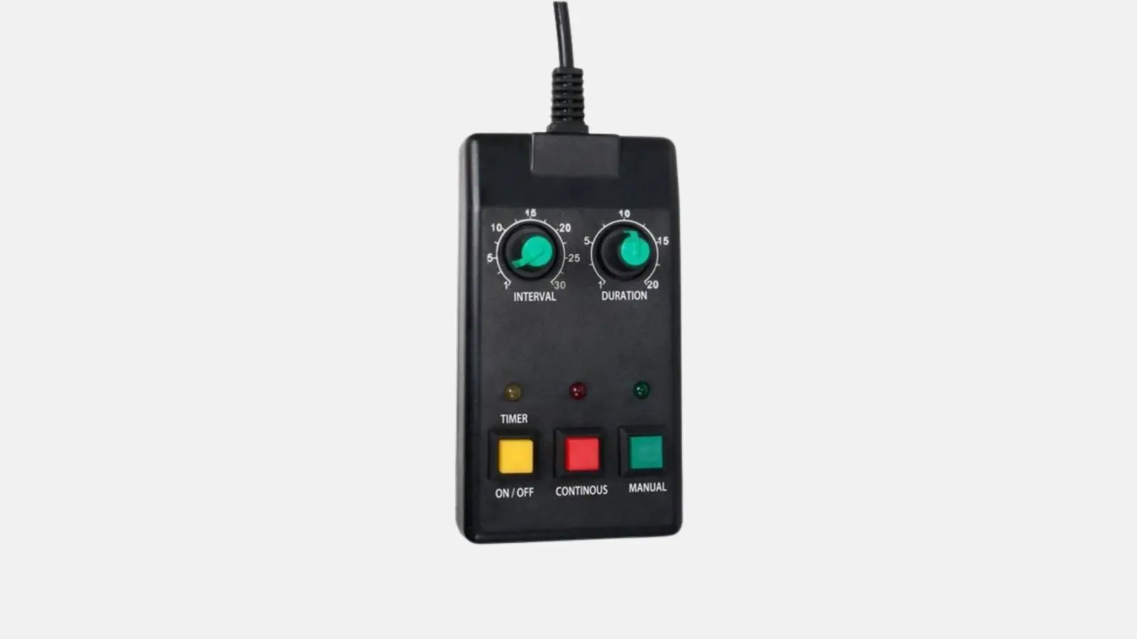 Timer-Fernbedienung der ADJ Mister Kool II Bodennebelmaschine mit Reglern für Intervall und Dauer.