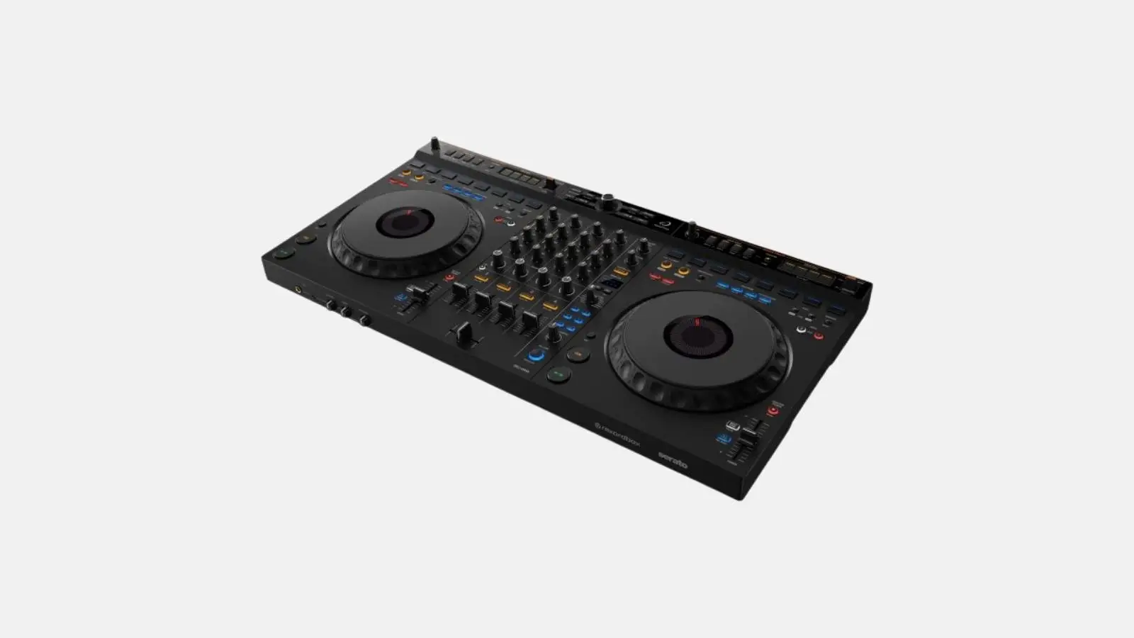 AlphaTheta DDJ-GRV6 DJ-Controller in Schwarz mit zwei Jog-Wheels und Mixer-Sektion vor weißem Hintergrund.