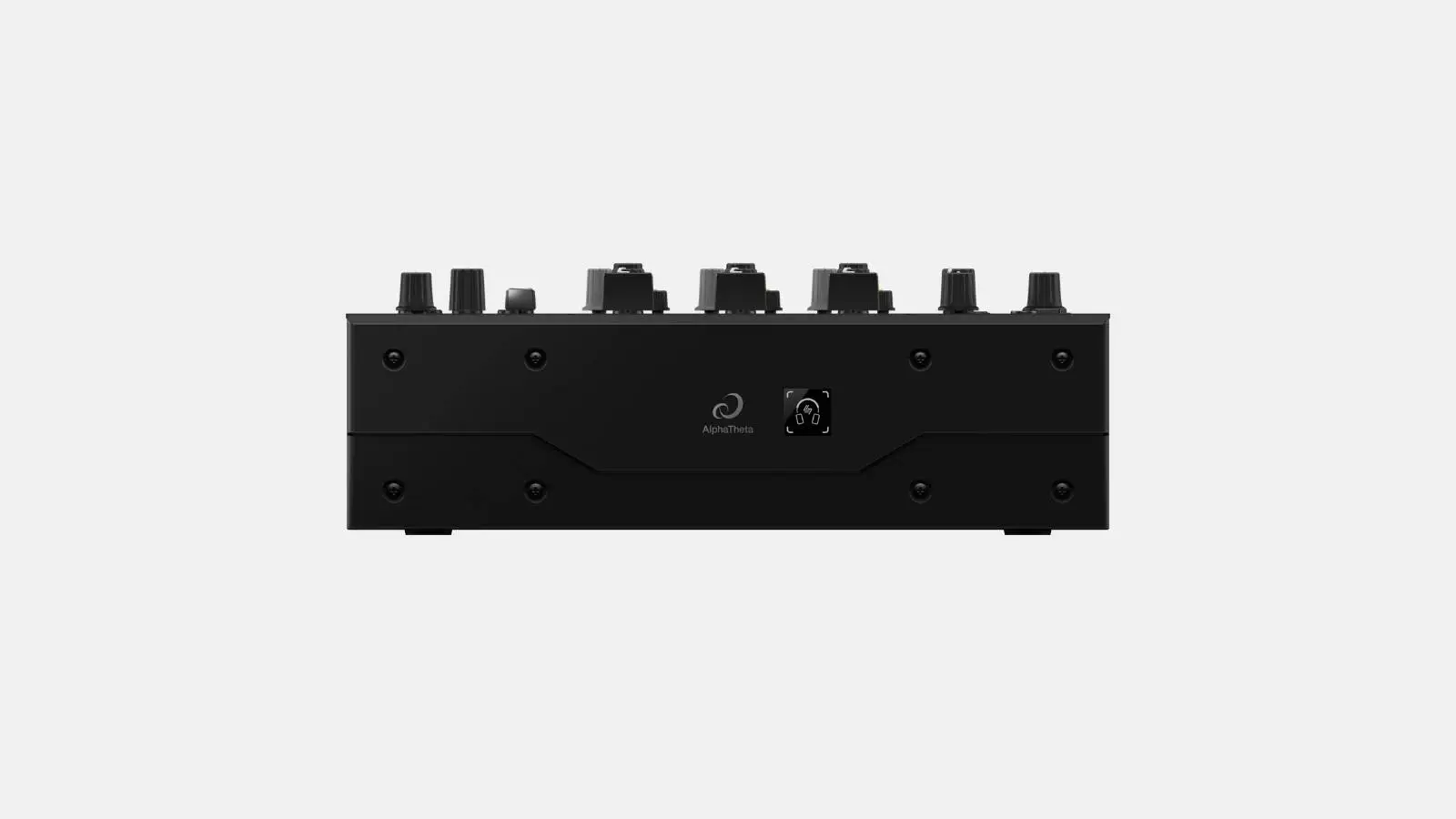 AlphaTheta DJM-V5 DJ-Mixer in Schwarz, flache Rückansicht mit Reglern vor weißem Hintergrund.