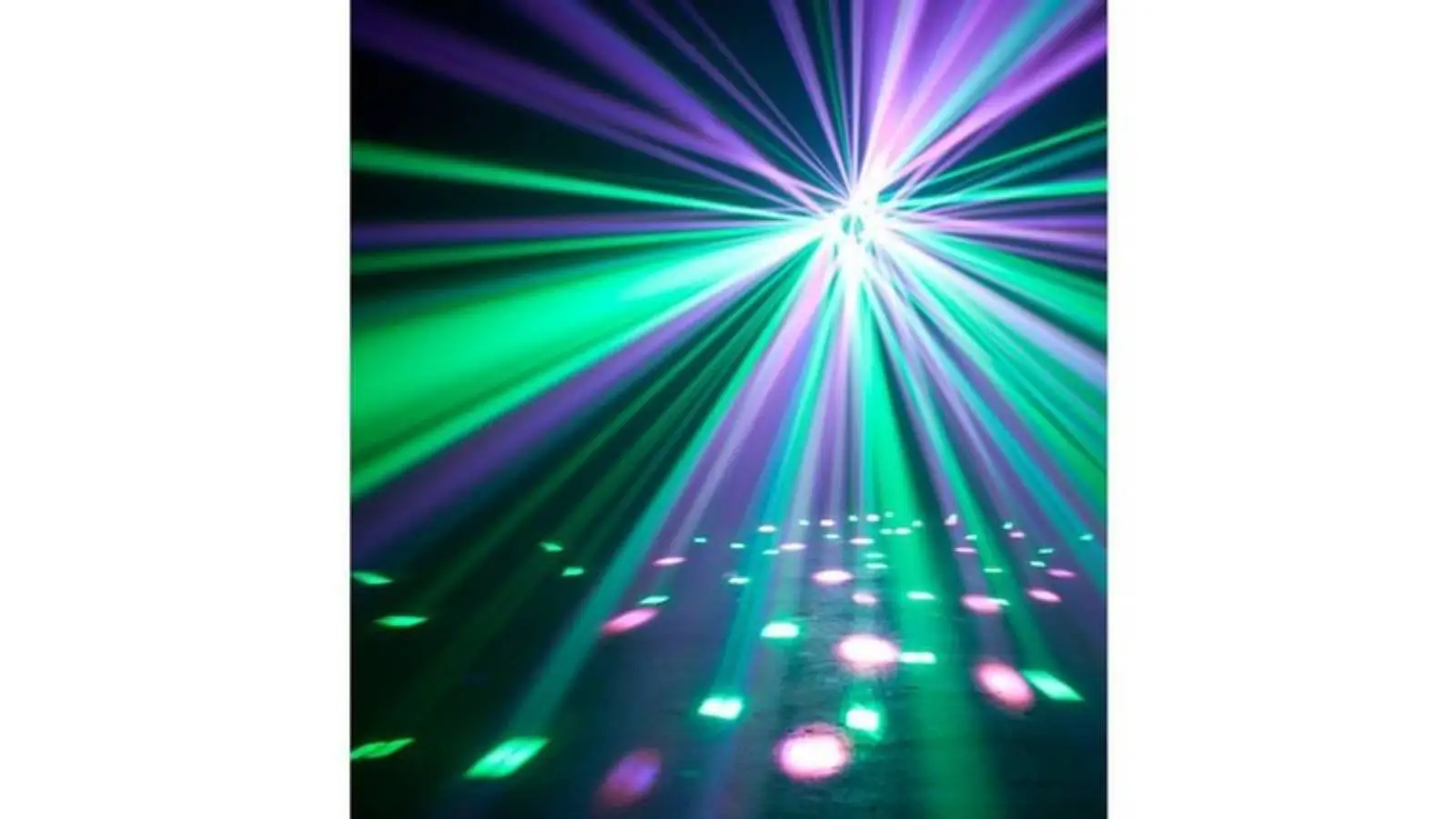 ADJ Stinger II Multi-Effekt-Licht mit grün-violetten Lichtstrahlen und Moonflower-Punkten auf dem Boden.