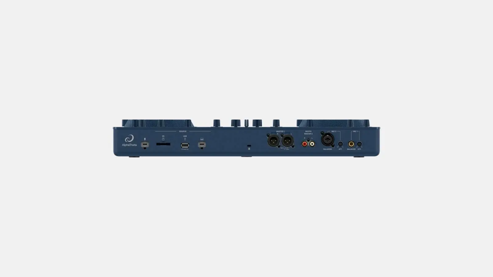 AlphaTheta OMNIS-DUO Standalone DJ-Pult in Dunkelblau, Rückseite mit XLR-Anschlüssen und Cinch-Buchsen vor weißem Hintergrund.