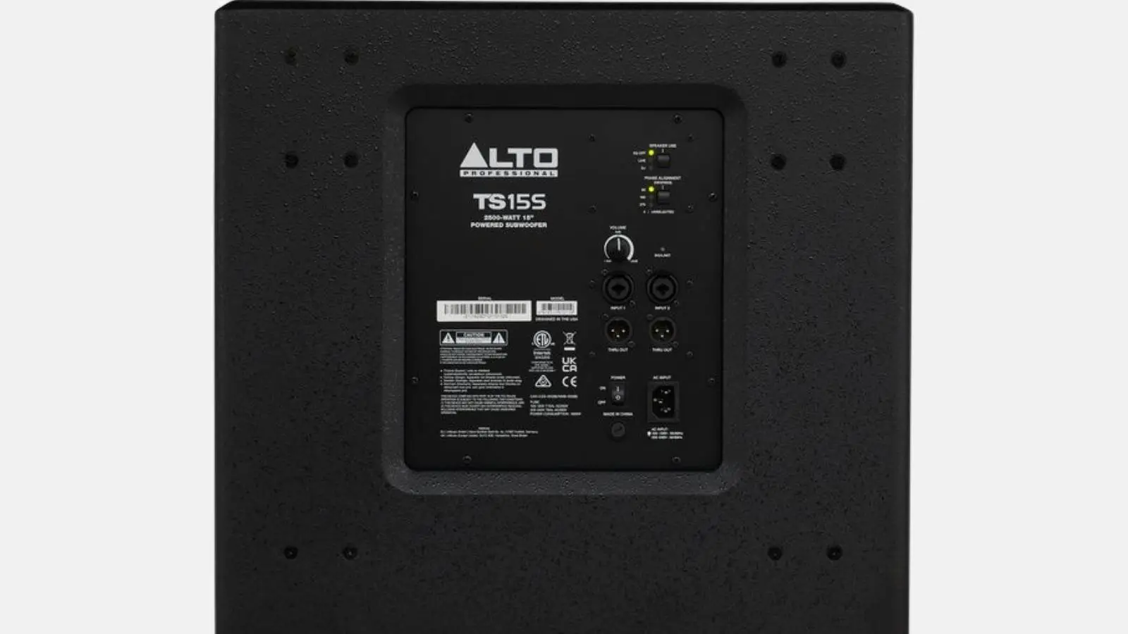 Alto TS15S Subwoofer der Alto TS PA-Anlage, Rückseite mit Verstärkerpanel und XLR-Anschlüssen vor weißem Hintergrund.