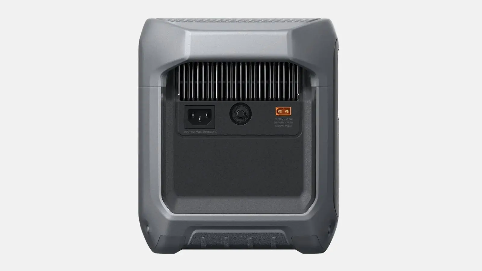 Rückseite der Anker SOLIX C1000 Gen 2 Powerstation mit Lüftungsgitter und Anschlüssen vor grauem Hintergrund.