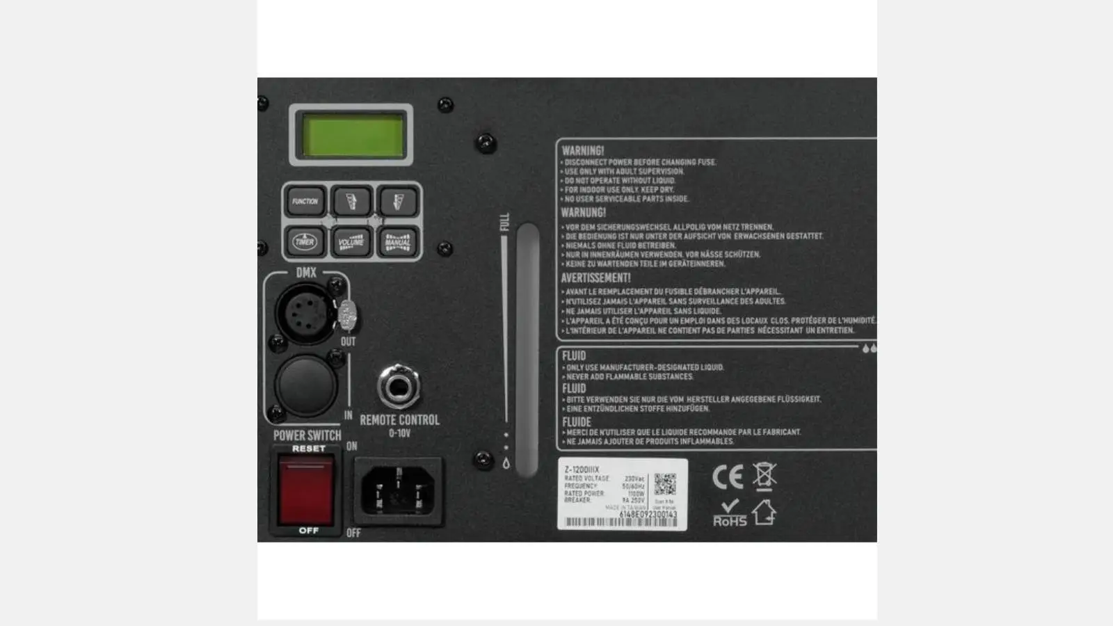 Anschlussfeld der Antari Z-1200X MK3 Nebelmaschine mit Display, DMX-Buchsen und Netzschalter.