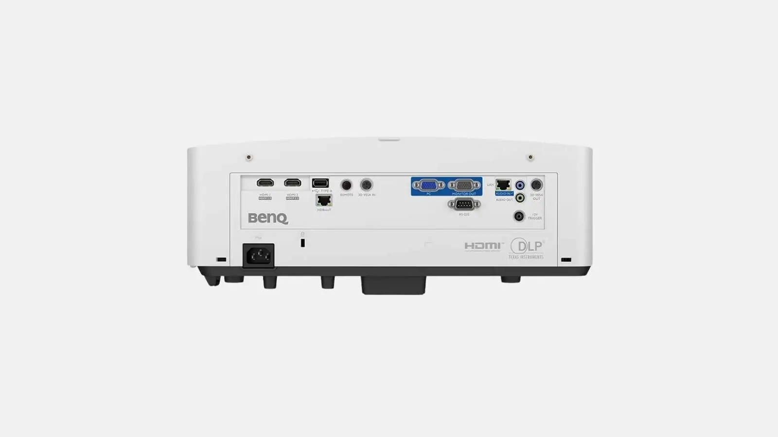 BenQ LU935 WUXGA Laser-Beamer von hinten mit Anschlussfeld für HDMI, VGA und LAN.