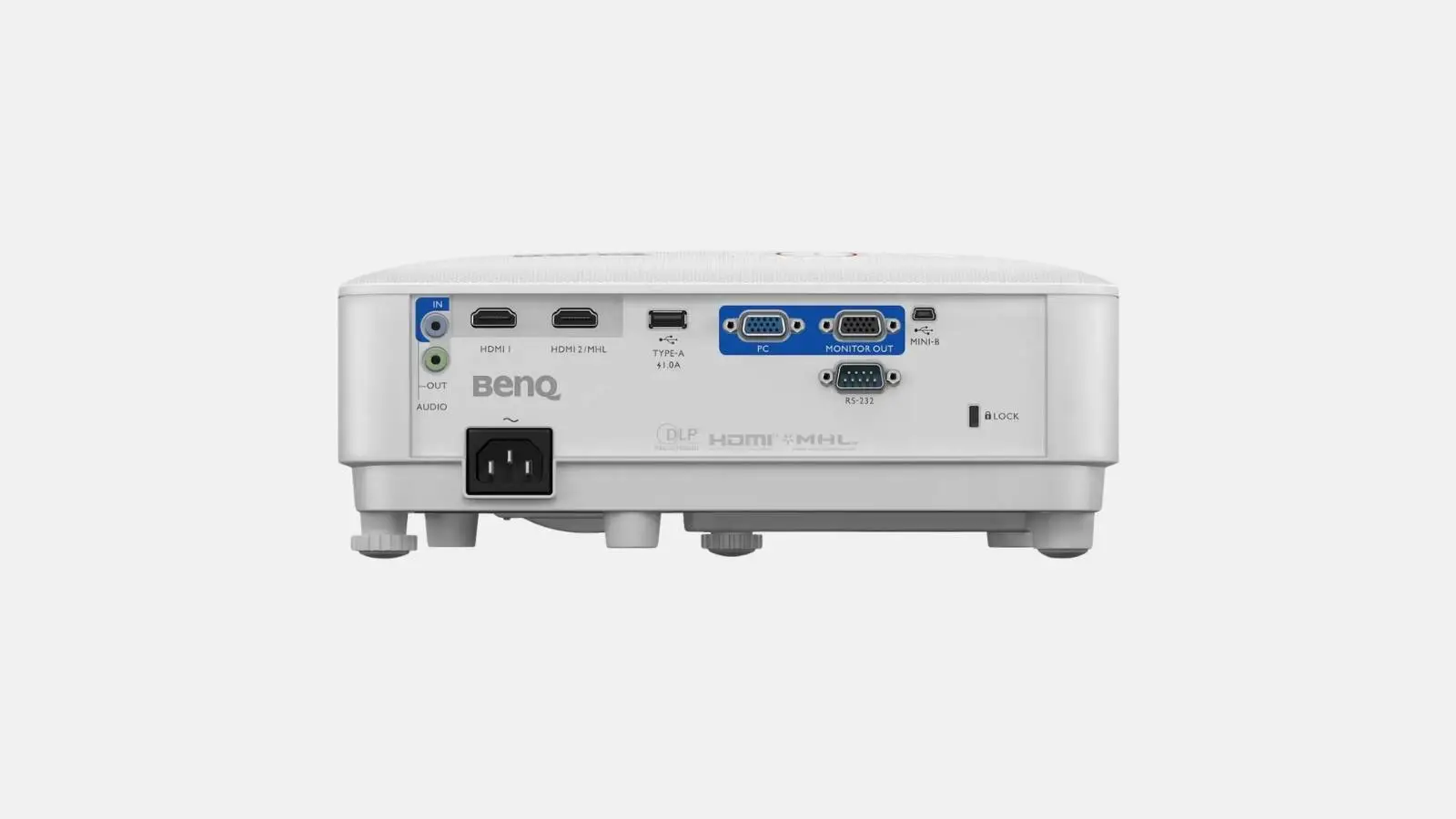 BenQ TH671ST Short-Throw Beamer in Weiß von hinten mit Anschlussfeld für HDMI und VGA.