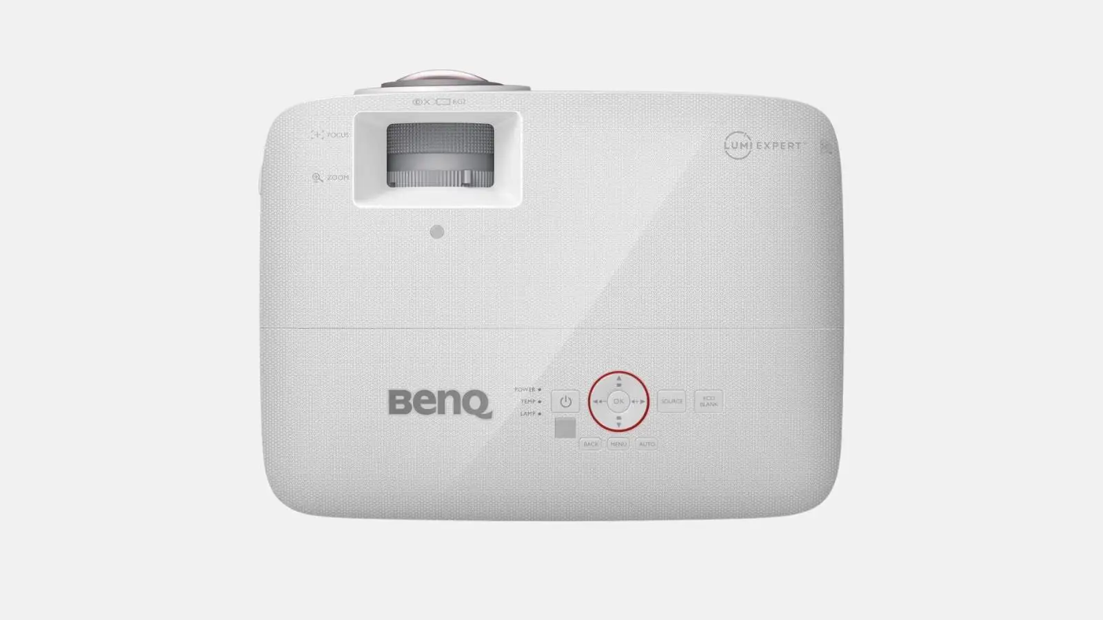 BenQ TH671ST Short-Throw Beamer in Weiß von oben mit Objektiv, Bedientasten und Zoomrad.