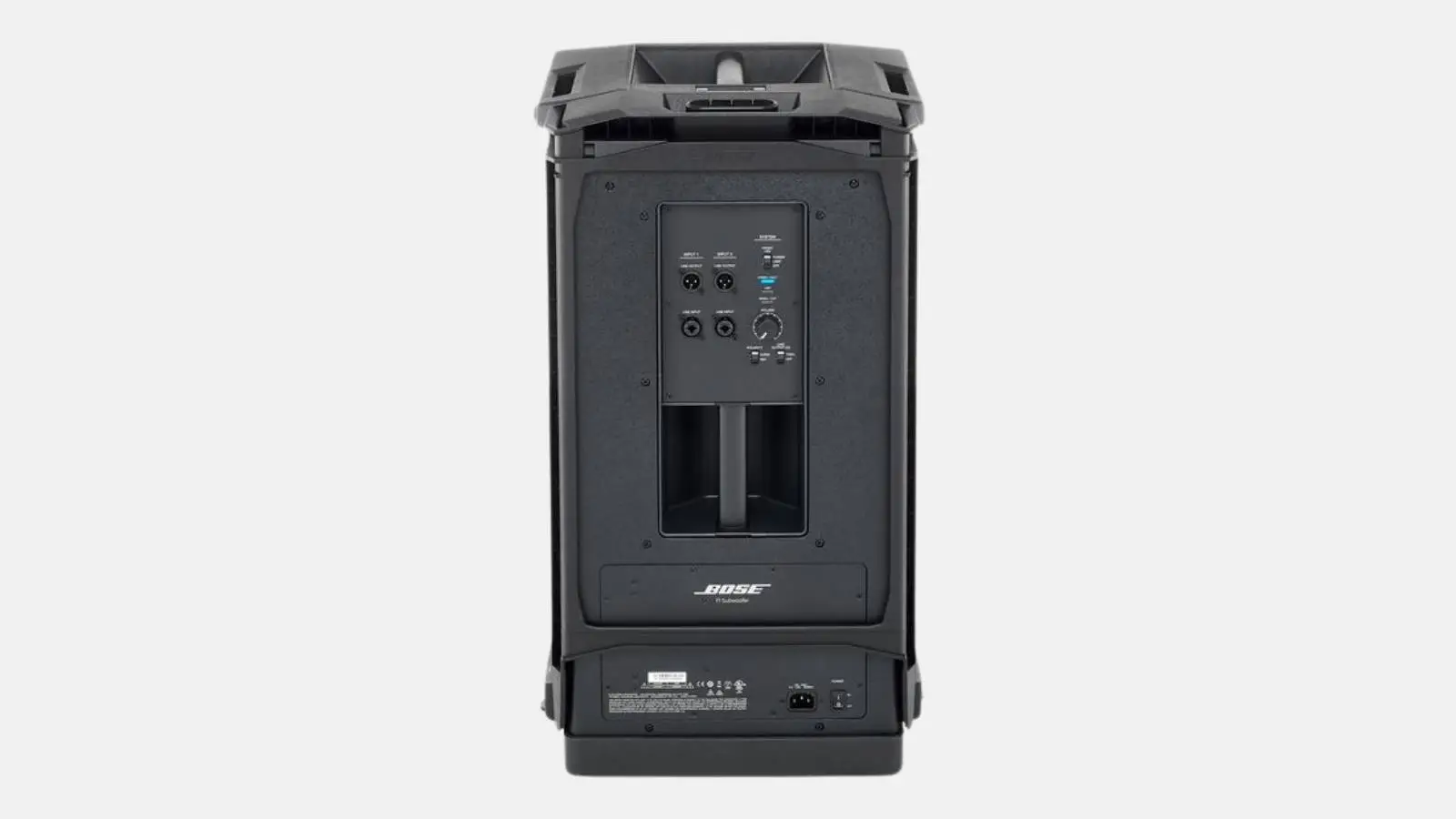 Bose F1 System PA-Anlage von hinten mit Anschlussfeld und Bose-Logo.